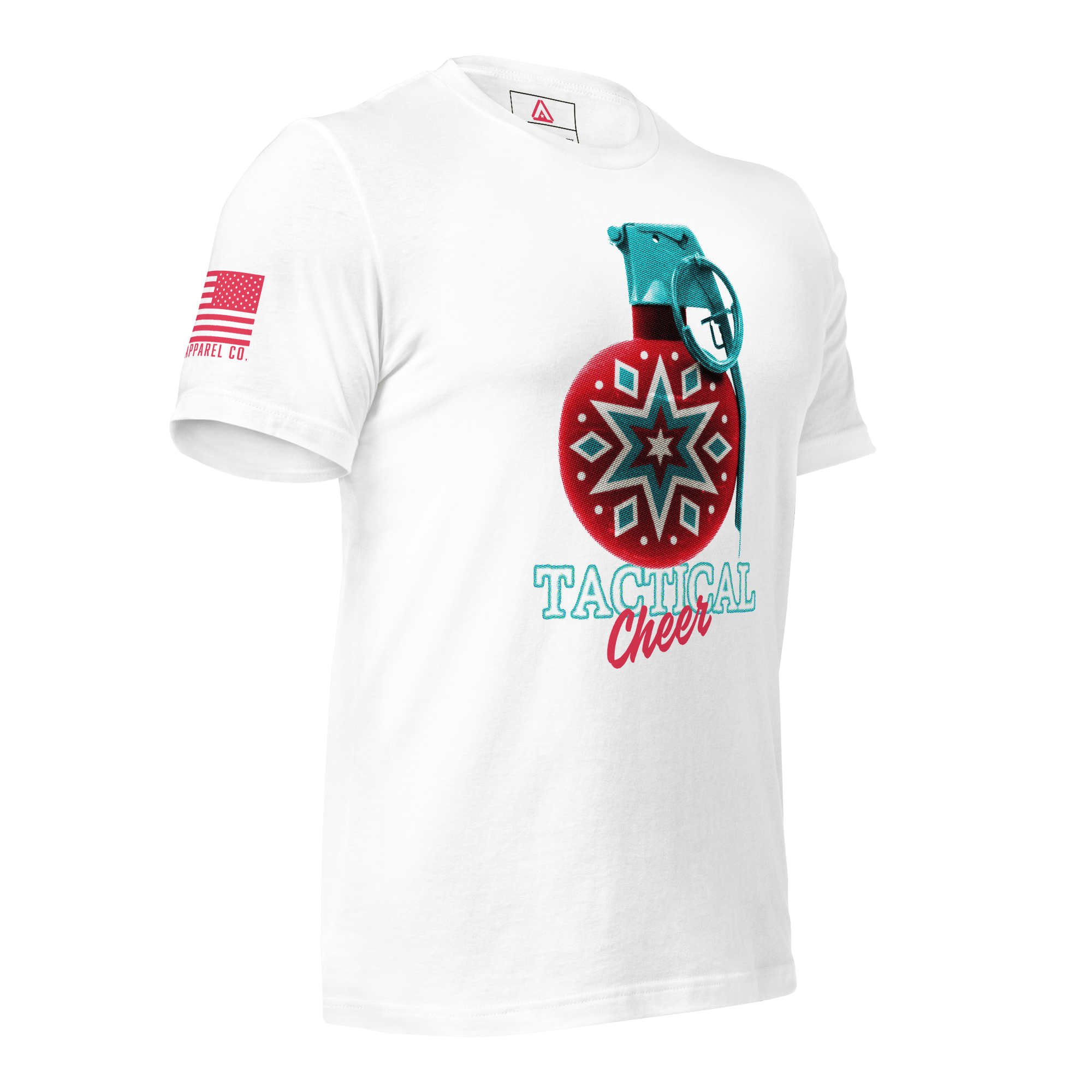 White t-shirt angled left featuring a red grenade ornament graphic, "TACTICAL Cheer" text, and a red American flag.