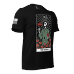 Black T-shirt with "THE VETERAN" tarot card graphic shown at a three-quarter angle, featuring an American flag sleeve patch.