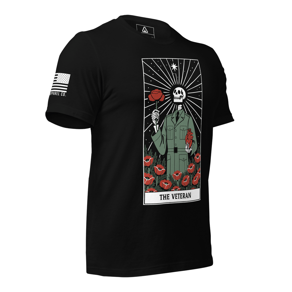 Black T-shirt with "THE VETERAN" tarot card graphic shown at a three-quarter angle, featuring an American flag sleeve patch.