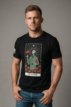 Man in studio wearing black "THE VETERAN" tarot card T-shirt with American flag sleeve patch.