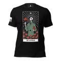 Black T-shirt with "THE VETERAN" tarot card graphic with a military skeleton, poppies, and an American flag sleeve patch.