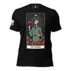 Black T-shirt with "THE VETERAN" tarot card graphic with a military skeleton, poppies, and an American flag sleeve patch.