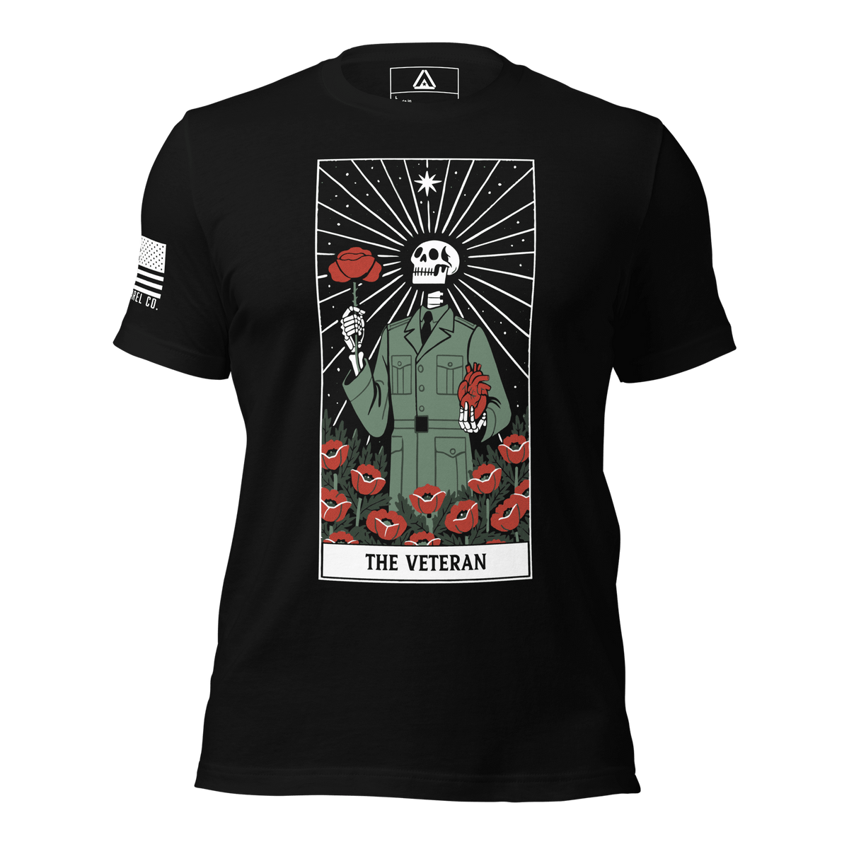 Black T-shirt with "THE VETERAN" tarot card graphic with a military skeleton, poppies, and an American flag sleeve patch.