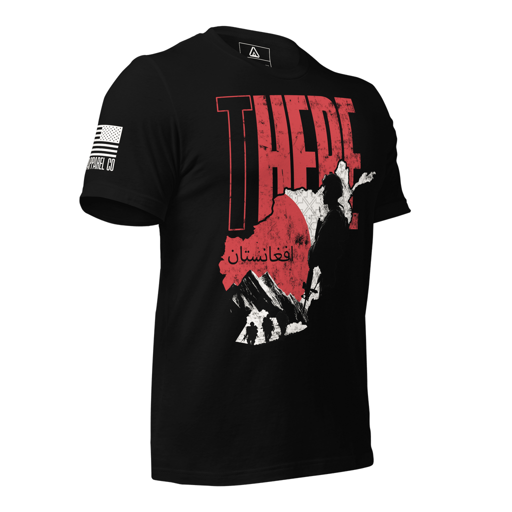 Angled black t-shirt featuring "THERE" text, an Afghanistan map with soldier silhouette, and American flag on the sleeve.