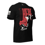 Angled black t-shirt featuring "THERE" text, an Afghanistan map with soldier silhouette, and American flag on the sleeve.