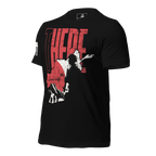 Black t-shirt, angled, showing red "THERE" text, Afghanistan map with soldier silhouette, and American flag on the sleeve.