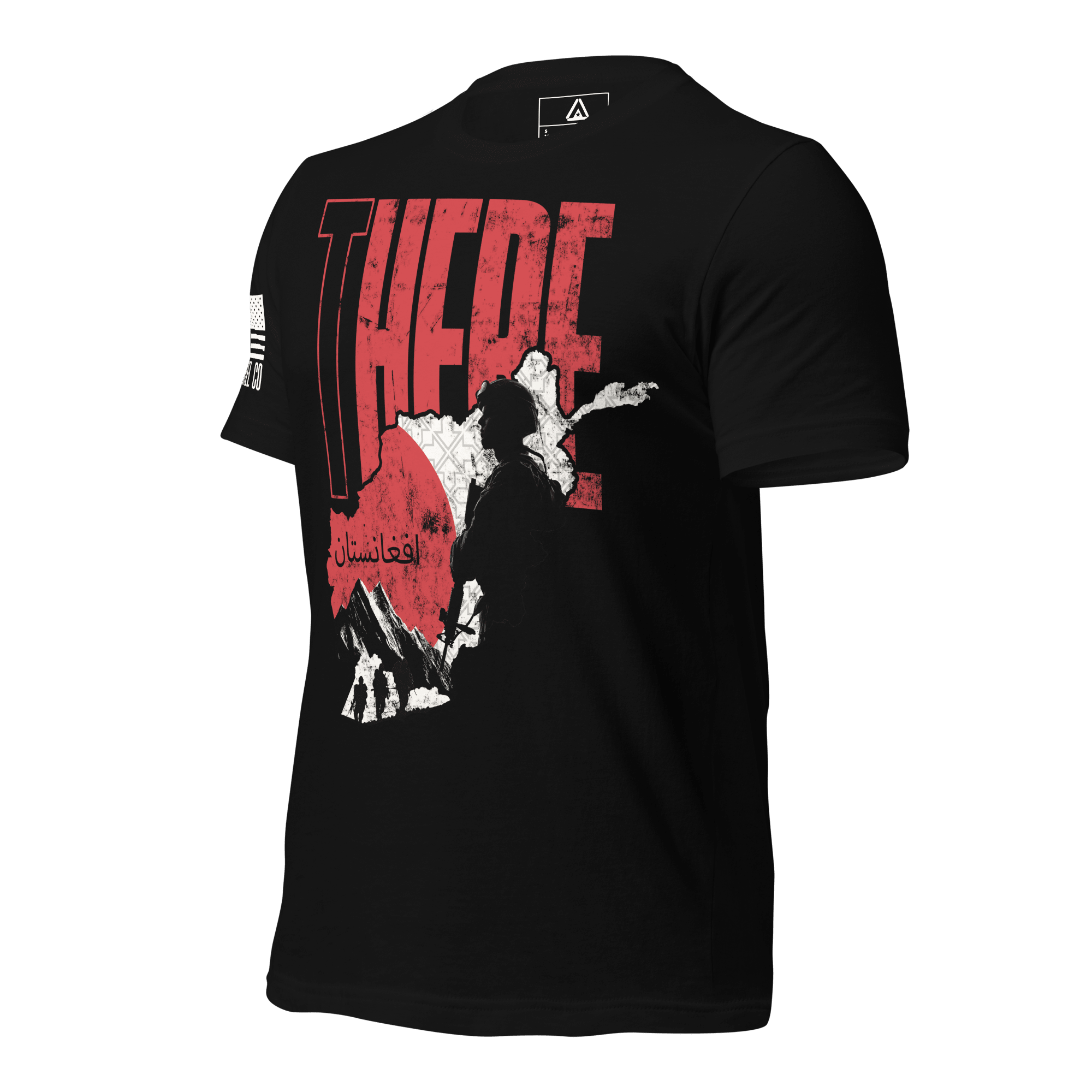 Black t-shirt, angled, showing red "THERE" text, Afghanistan map with soldier silhouette, and American flag on the sleeve.