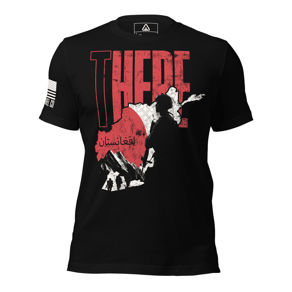 Black t-shirt with "THERE" text, a red and white map of Afghanistan with soldier silhouette, and US flag on the sleeve.