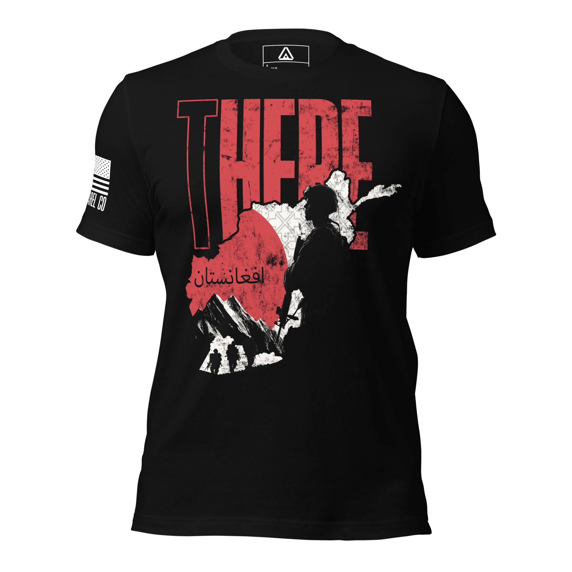 Black t-shirt with "THERE" text, a red and white map of Afghanistan with soldier silhouette, and US flag on the sleeve.