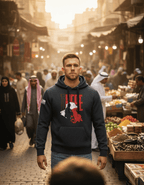 Man in an outdoor market, wearing a black hoodie with a red "THERE" chest graphic and a map of Iraq.