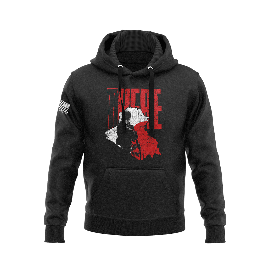 Black hoodie featuring a red "THERE" chest graphic with a soldier silhouette over a map of Iraq.
