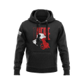 Black hoodie featuring a red "THERE" chest graphic with a soldier silhouette over a map of Iraq.