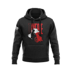 Black hoodie featuring a red "THERE" chest graphic with a soldier silhouette over a map of Iraq.