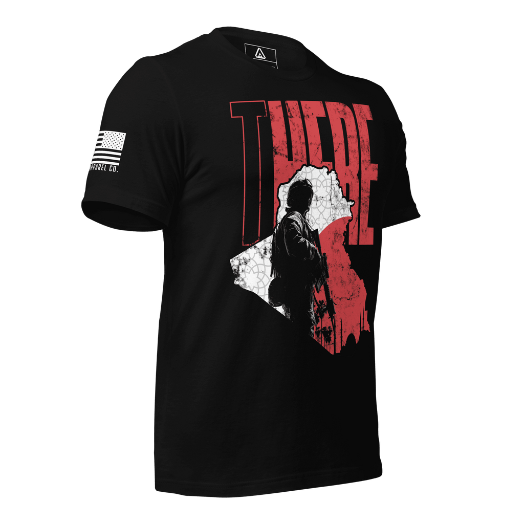 Angled black t-shirt featuring "THERE" text, a map of Iraq with a soldier silhouette, and an American flag on the sleeve.