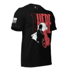 Angled black t-shirt featuring "THERE" text, a map of Iraq with a soldier silhouette, and an American flag on the sleeve.