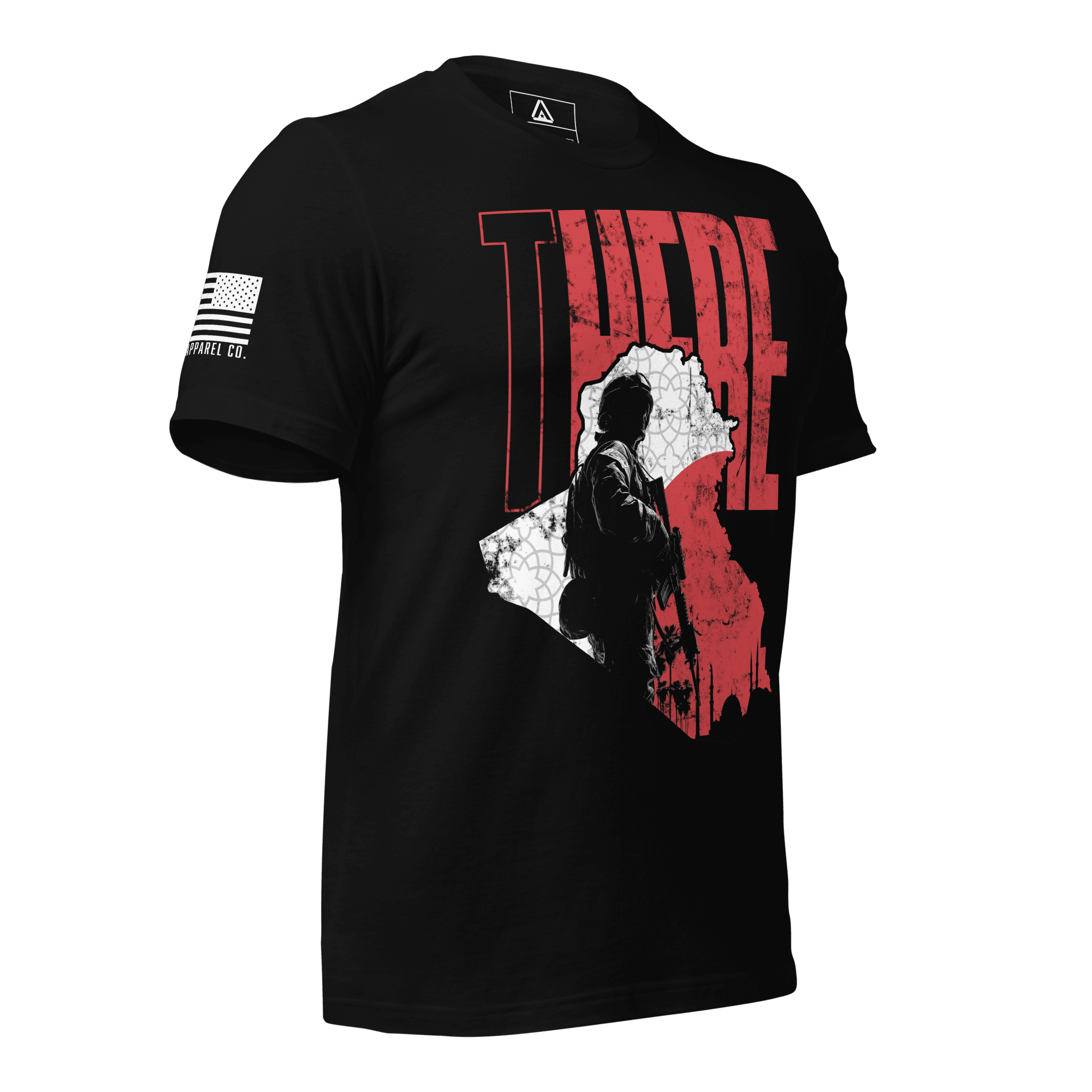 Angled black t-shirt featuring "THERE" text, a map of Iraq with a soldier silhouette, and an American flag on the sleeve.