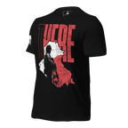 Black t-shirt, angled, showing a red "THERE" text, Iraq map with soldier, and American flag on the sleeve.