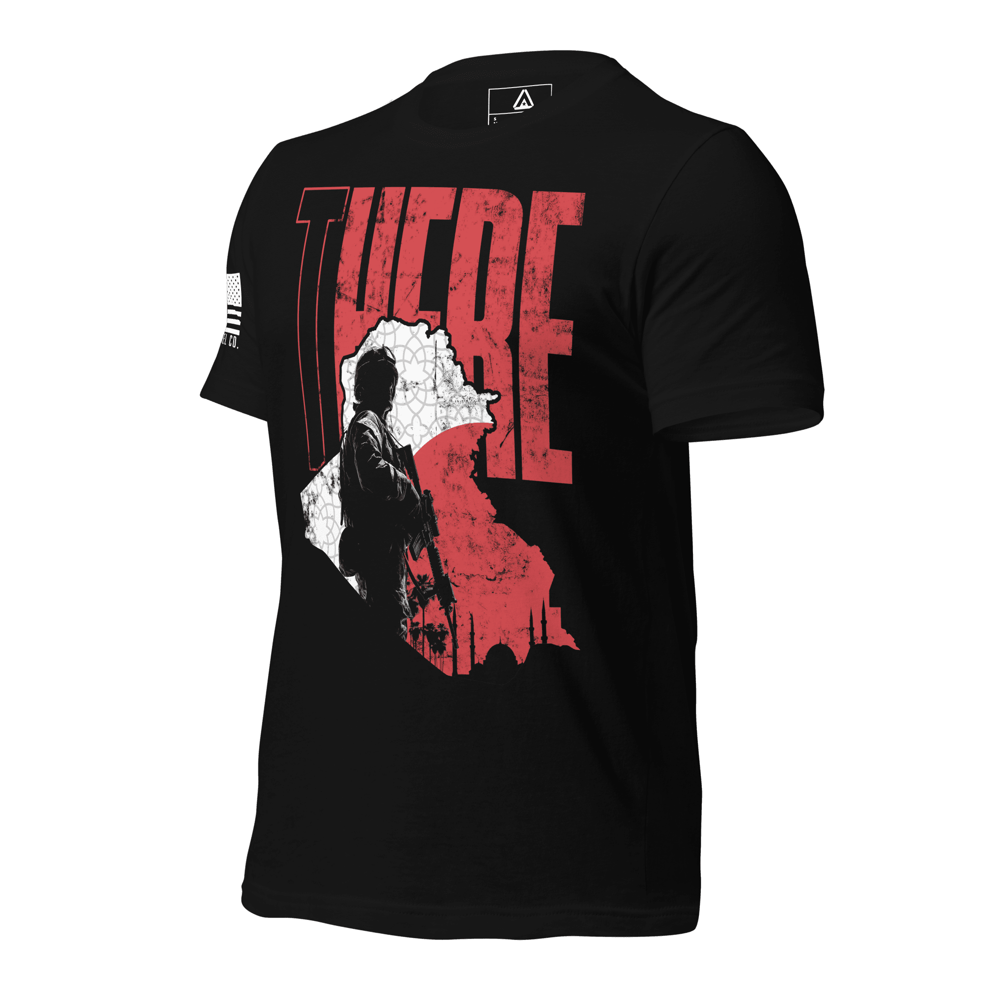 Black t-shirt, angled, showing a red "THERE" text, Iraq map with soldier, and American flag on the sleeve.