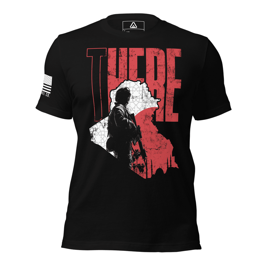 Black t-shirt with a red and white map of Iraq, soldier silhouette, and "THERE" text and an American flag on sleeve.