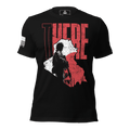 Black t-shirt with a red and white map of Iraq, soldier silhouette, and "THERE" text and an American flag on sleeve.