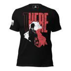 Black t-shirt with a red and white map of Iraq, soldier silhouette, and "THERE" text and an American flag on sleeve.