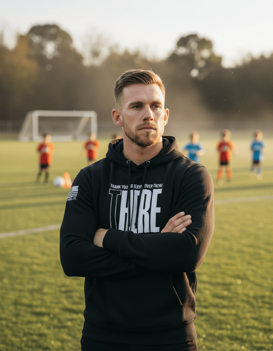 Man on a soccer field, wearing a black hoodie with "THERE" and "THANK YOU FOR YOUR SERVICE OVER THERE".