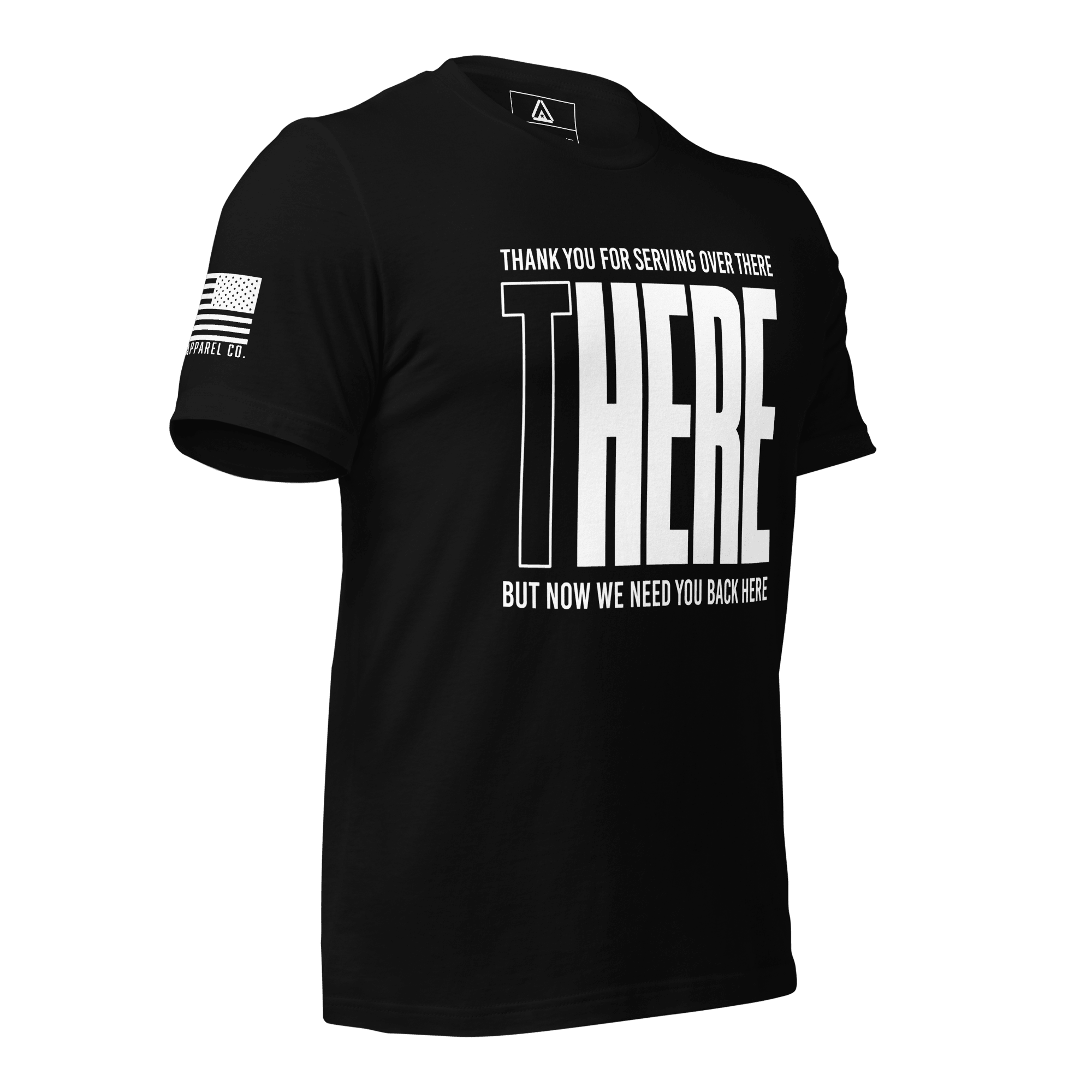 Black t-shirt at an angle, "THANK YOU FOR SERVING OVER THERE" text, white DIA logo, and American flag sleeve detail.
