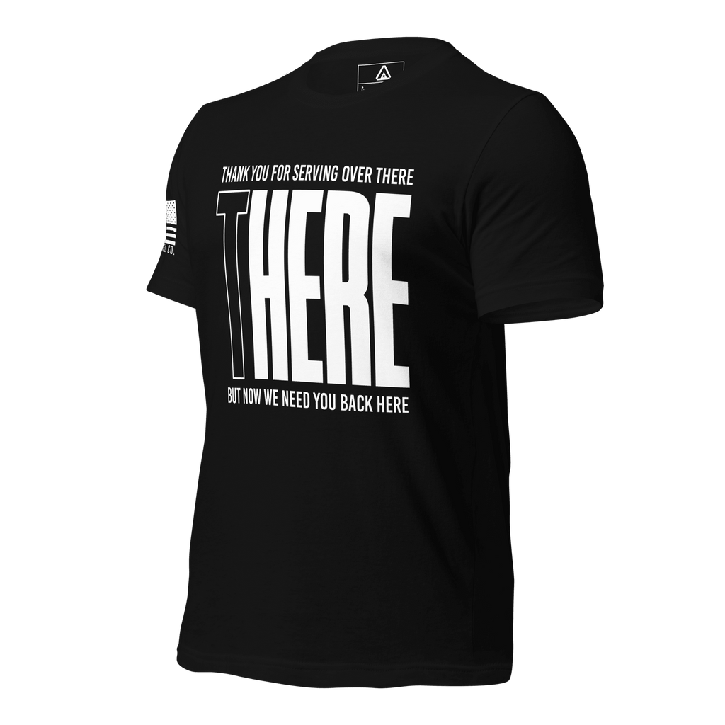 Black t-shirt, angled view, with "THANK YOU FOR SERVING OVER THERE" message and American flag on sleeve.