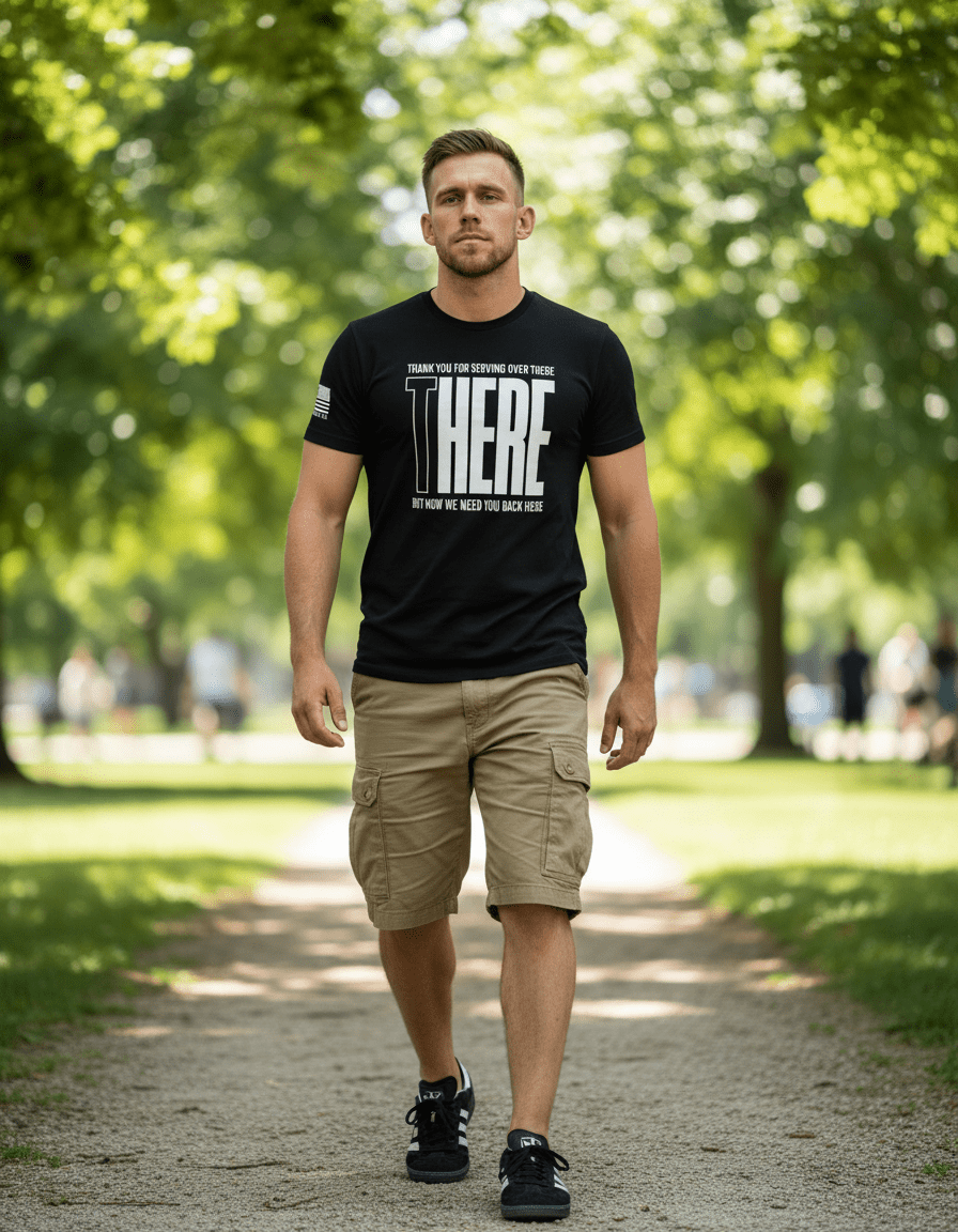 Man in black "THANK YOU FOR SERVING OVER THERE" t-shirt, khaki shorts, and sneakers walking on a park path.
