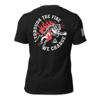 Black heather t-shirt, back view, featuring a leaping tiger in red flames, DIA logo, and white American flag sleeve.