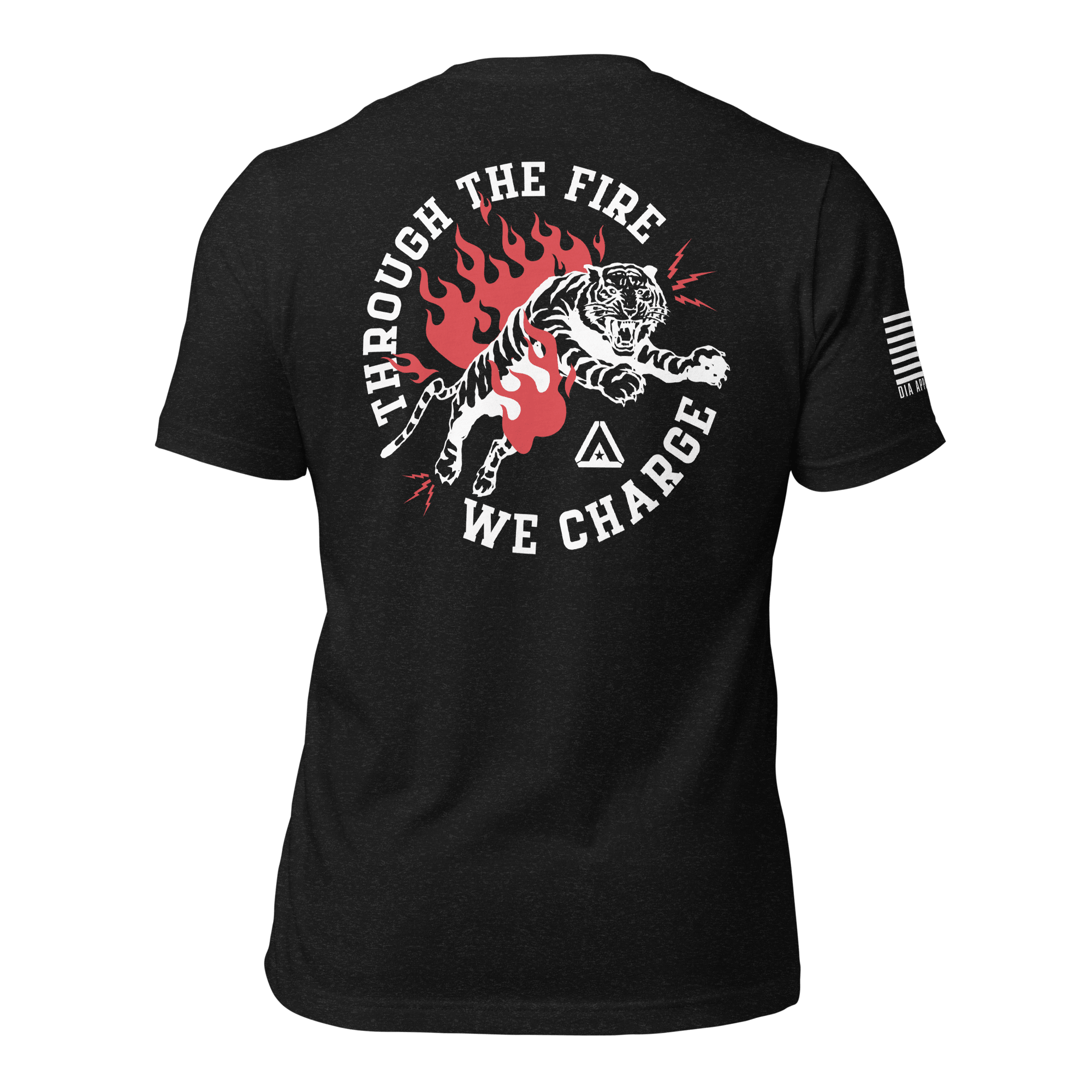 Black heather t-shirt, back view, featuring a leaping tiger in red flames, DIA logo, and white American flag sleeve.