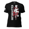 Black t-shirt, front view, with "UNFORGOTTEN" text with a rifle and poppy graphic, and a white American flag on the sleeve