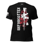Black t-shirt, front view, with "UNFORGOTTEN" text with a rifle and poppy graphic, and a white American flag on the sleeve