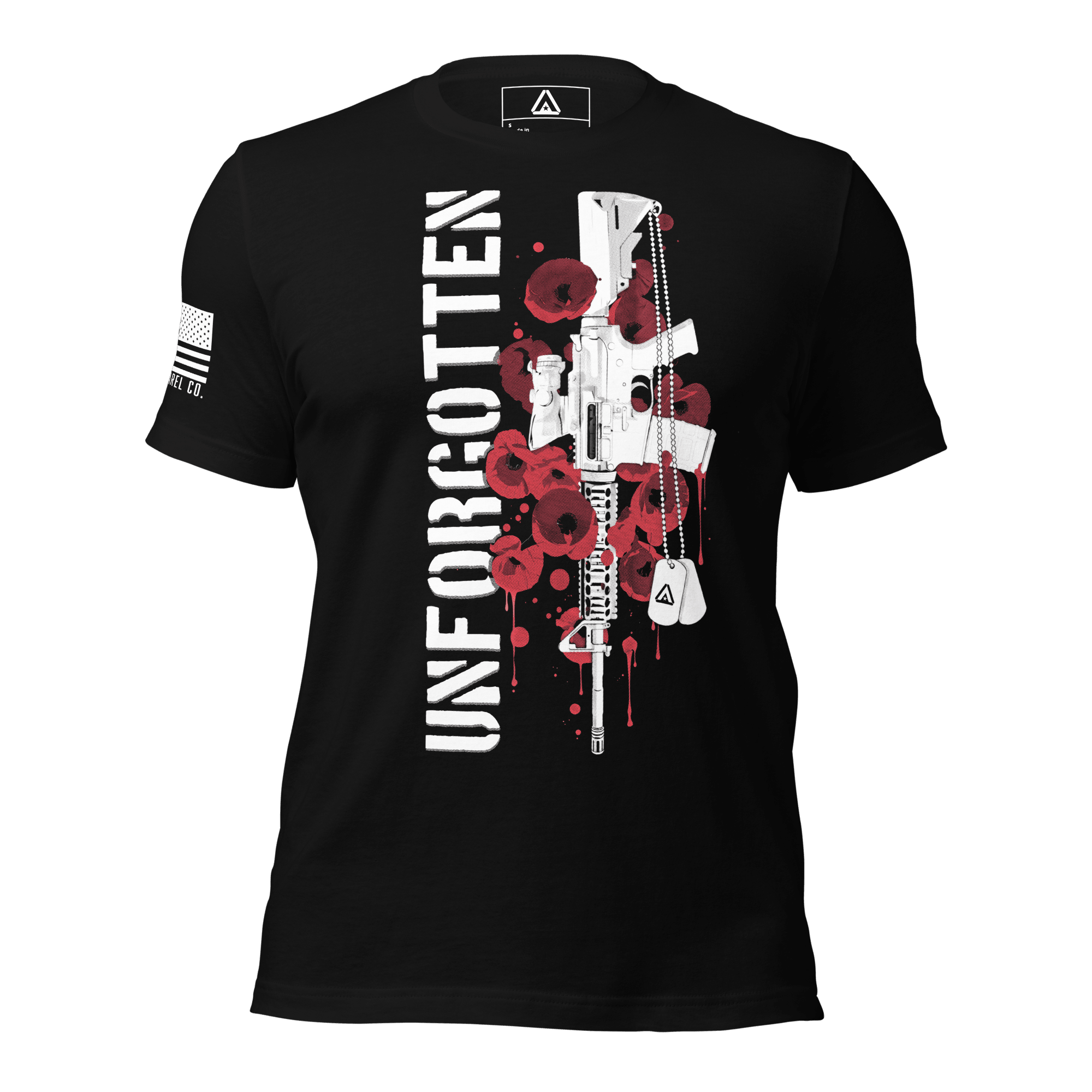 Black t-shirt, front view, with "UNFORGOTTEN" text with a rifle and poppy graphic, and a white American flag on the sleeve