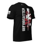 Black t-shirt featuring "UNFORGOTTEN" text with a rifle and poppy graphic, shown from a three-quarter view toward the left.