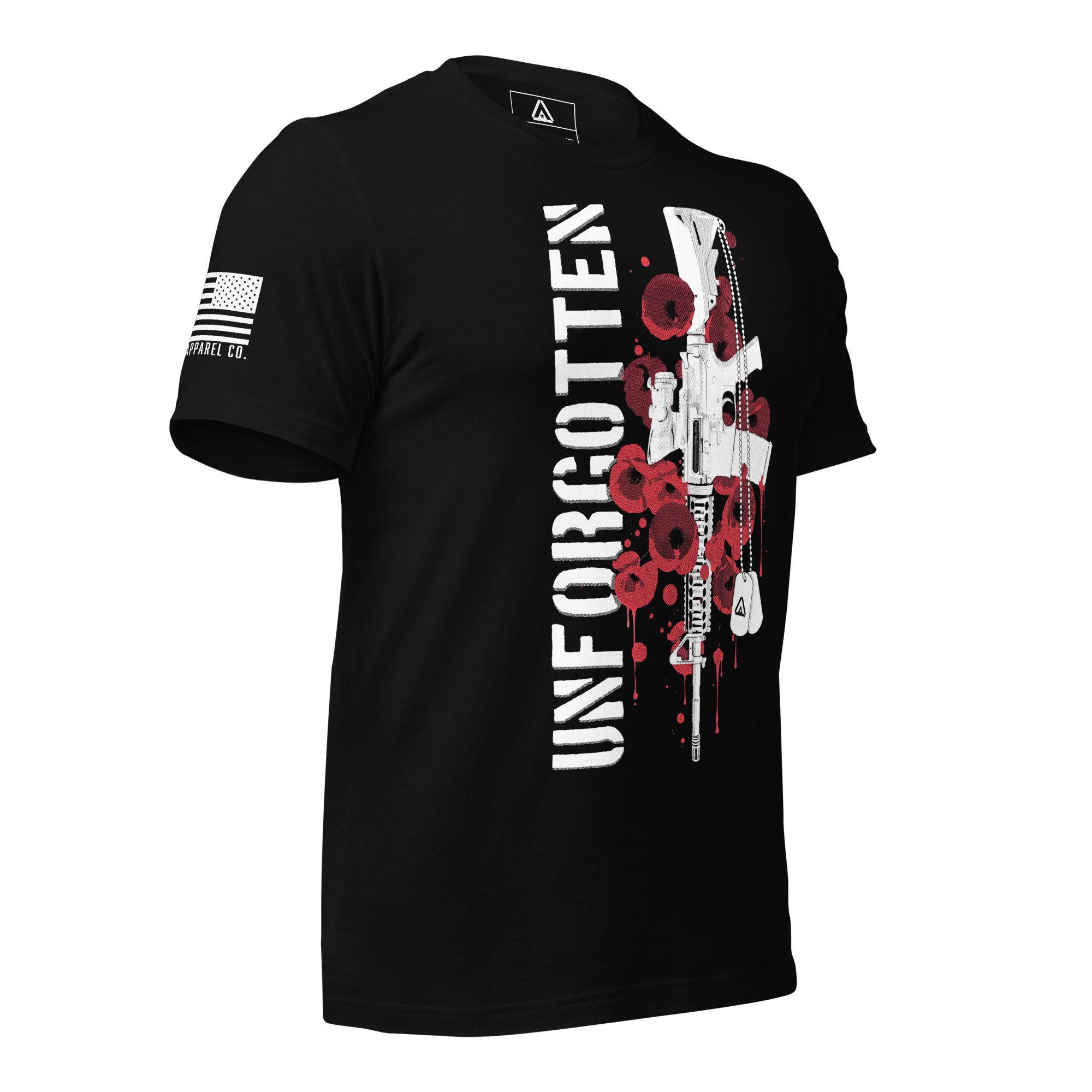 Black t-shirt featuring "UNFORGOTTEN" text with a rifle and poppy graphic, shown from a three-quarter view toward the left.