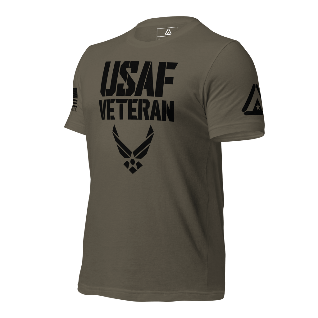Army green t-shirt, three-quarter view angled right, featuring a black "USAF VETERAN" graphic and a DIA logo on the sleeve.