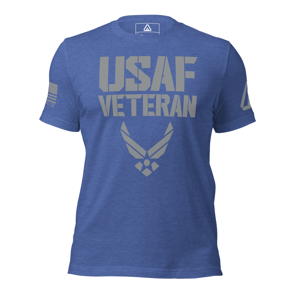 Heather true royal blue t-shirt featuring a grey "USAF VETERAN" graphic with USAF emblem, American flag, and DIA logo.