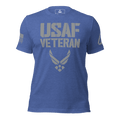 Heather true royal blue t-shirt featuring a grey "USAF VETERAN" graphic with USAF emblem, American flag, and DIA logo.