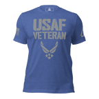 Heather true royal blue t-shirt featuring a grey "USAF VETERAN" graphic with USAF emblem, American flag, and DIA logo.