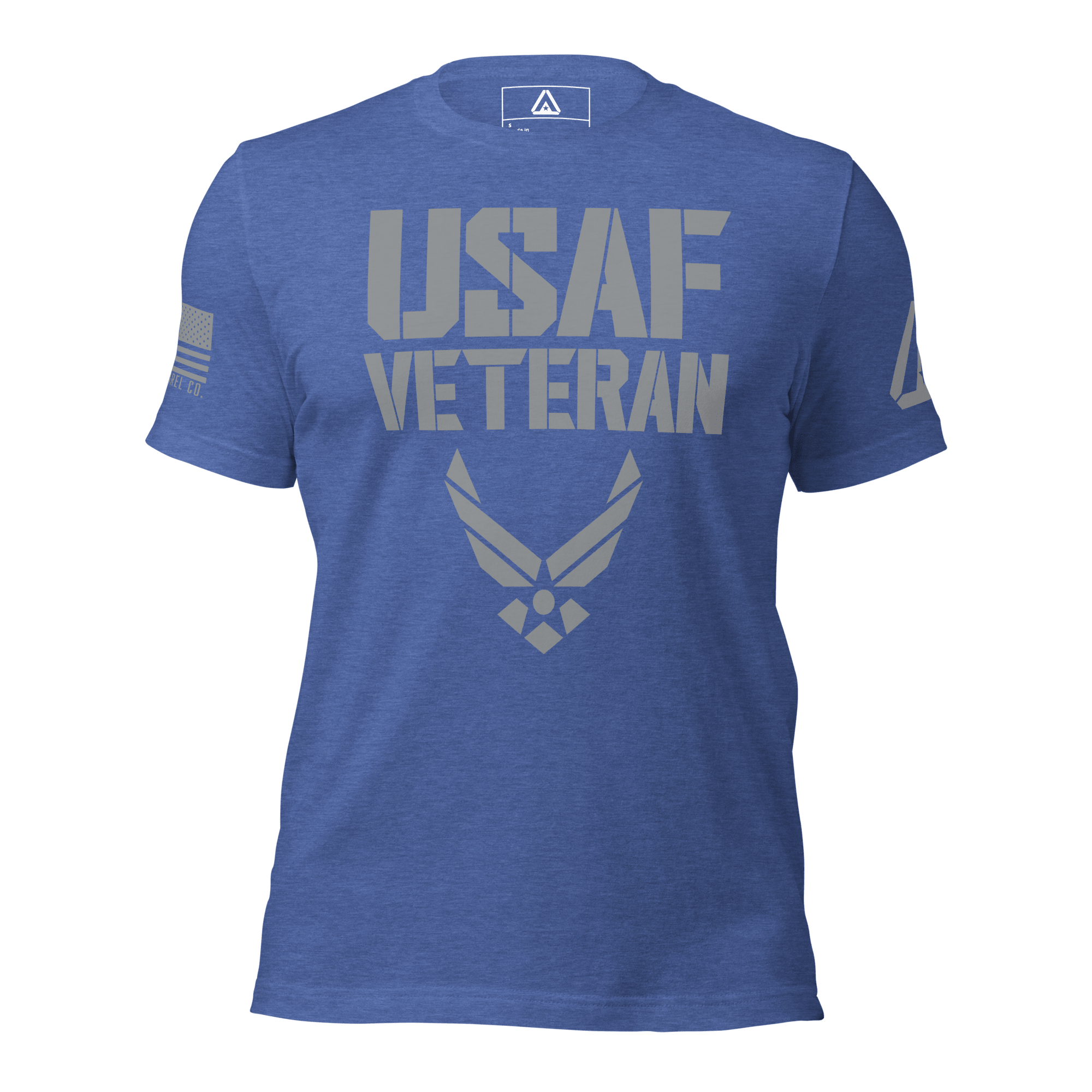 Heather true royal blue t-shirt featuring a grey "USAF VETERAN" graphic with USAF emblem, American flag, and DIA logo.