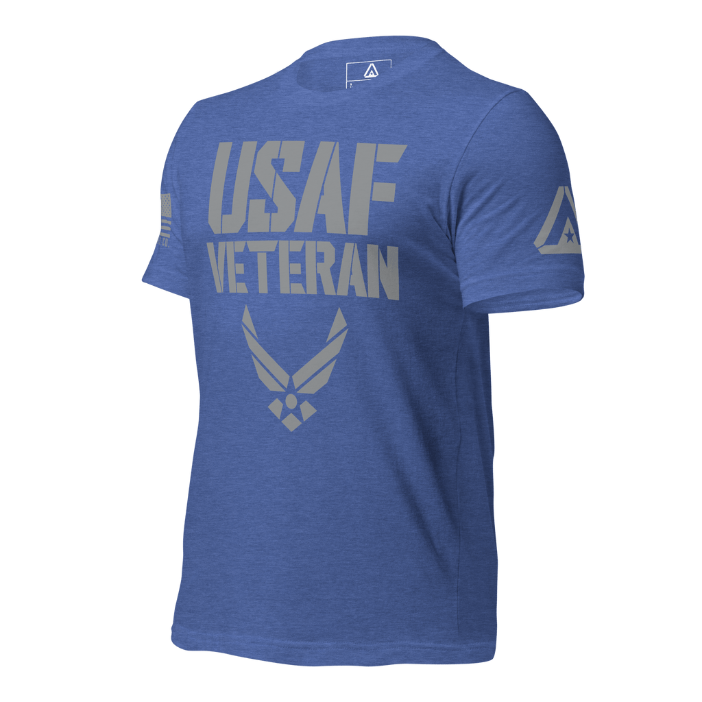 Heather true royal blue t-shirt, three-quarter view angled right, featuring a grey "USAF VETERAN" graphic and a DIA logo.