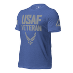 Heather true royal blue t-shirt, three-quarter view angled right, featuring a grey "USAF VETERAN" graphic and a DIA logo.