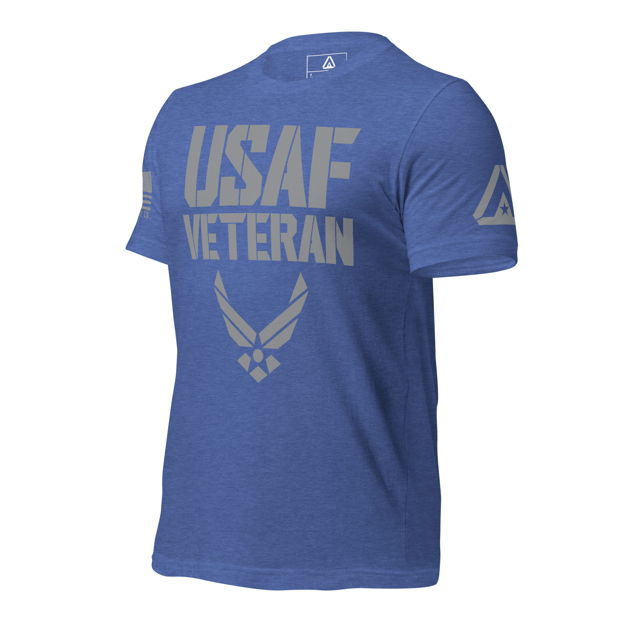 Heather true royal blue t-shirt, three-quarter view angled right, featuring a grey "USAF VETERAN" graphic and a DIA logo.