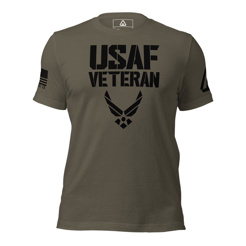 Army green t-shirt featuring a black "USAF VETERAN" graphic, an American flag, and a DIA logo on the sleeves.