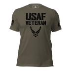 Army green t-shirt featuring a black "USAF VETERAN" graphic, an American flag, and a DIA logo on the sleeves.