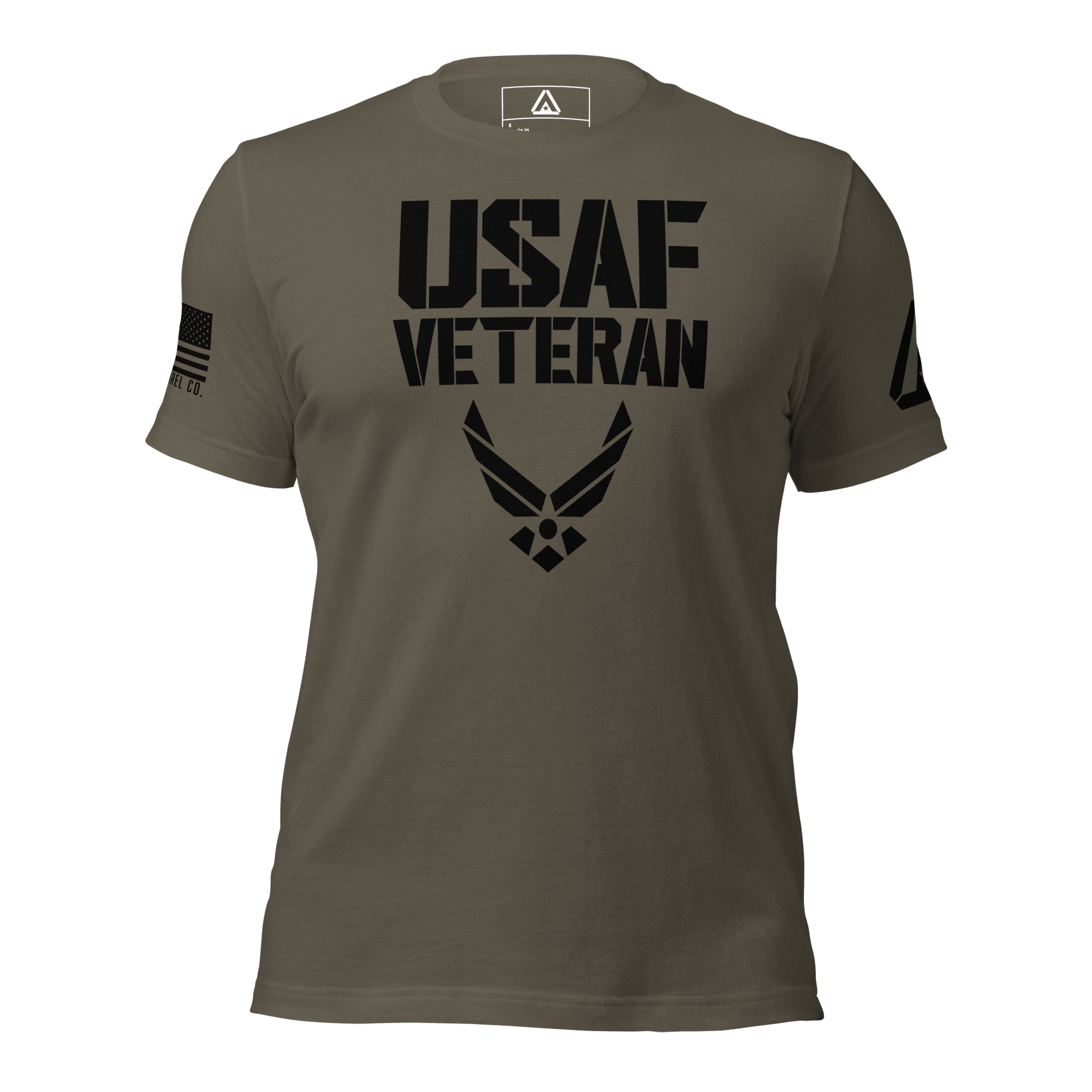 Army green t-shirt featuring a black "USAF VETERAN" graphic, an American flag, and a DIA logo on the sleeves.