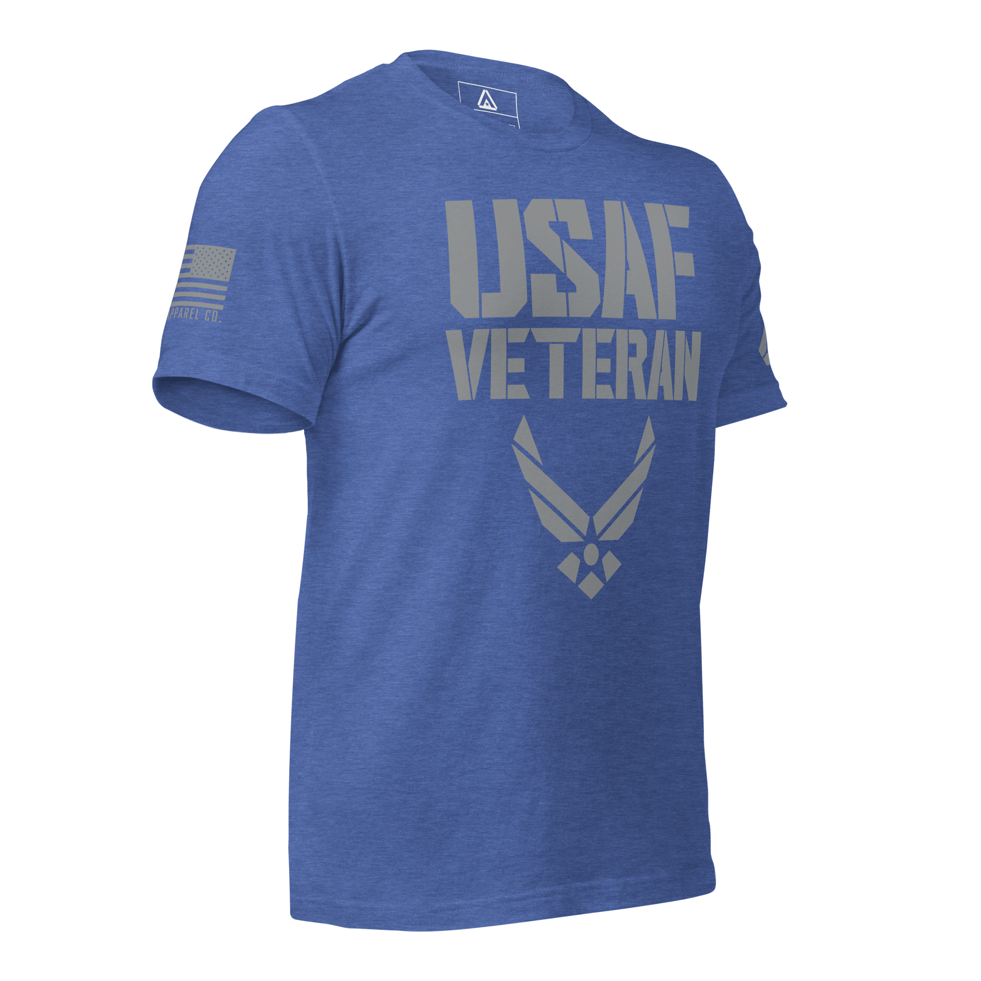 Heather true royal blue t-shirt, three-quarter view angled left, featuring a grey "USAF VETERAN" graphic and an American flag