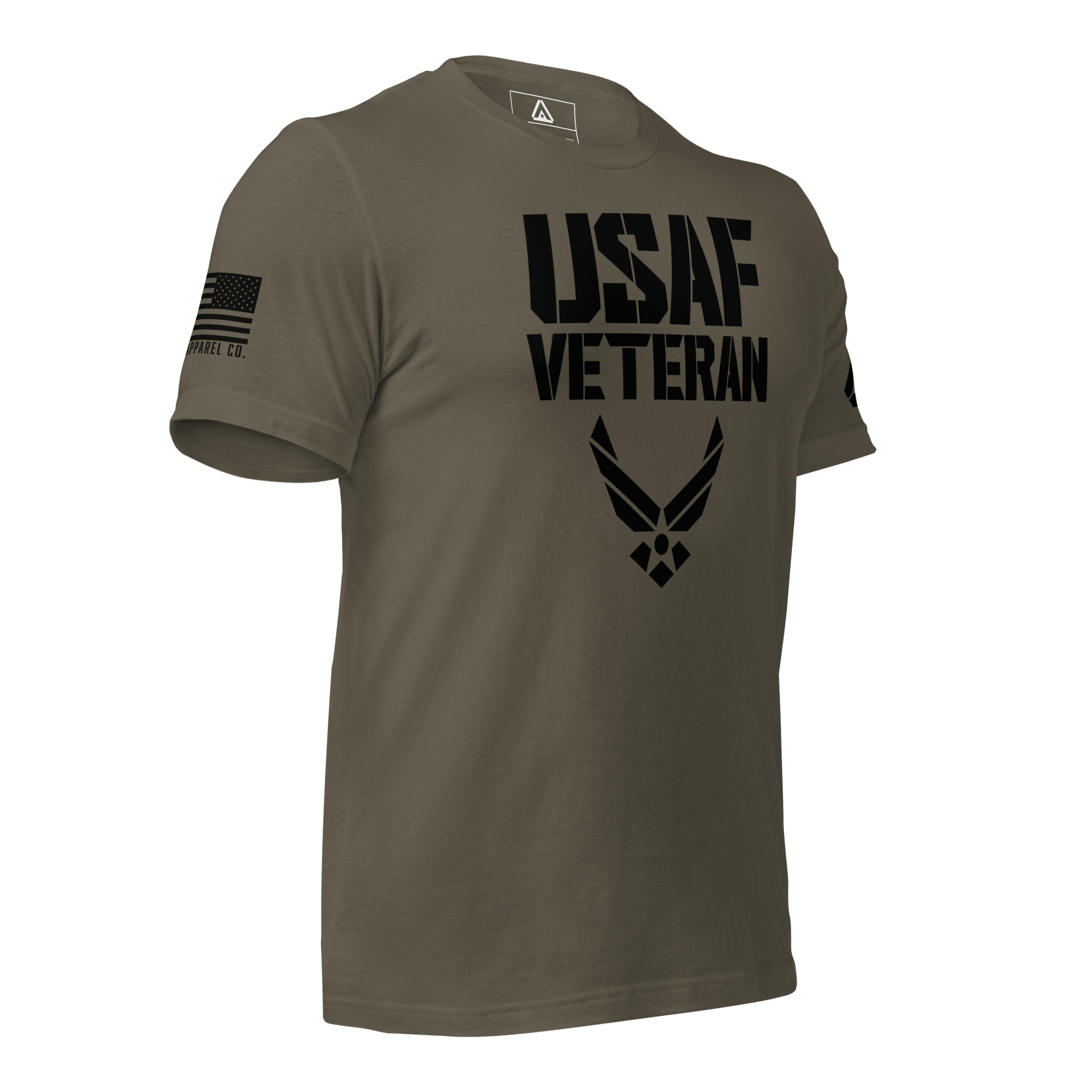 Army green t-shirt, three-quarter view angled left, featuring a black "USAF VETERAN" graphic and an American flag graphic.