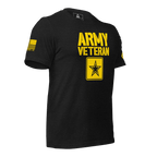 Black t-shirt angled left, featuring yellow "ARMY VETERAN" text, star emblem, and American flag on the right sleeve.